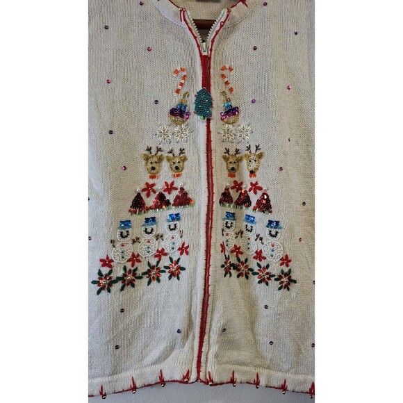 KIM ROGERS Full Zip Christmas Sweater Vest XL Embroidered Beaded Holiday Ugly - Picture 4 of 9